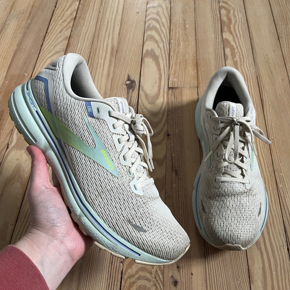 Brooks Ghost 15 Running Shoes Womens 12 Oyster Blue Lime Neutral Sneakers